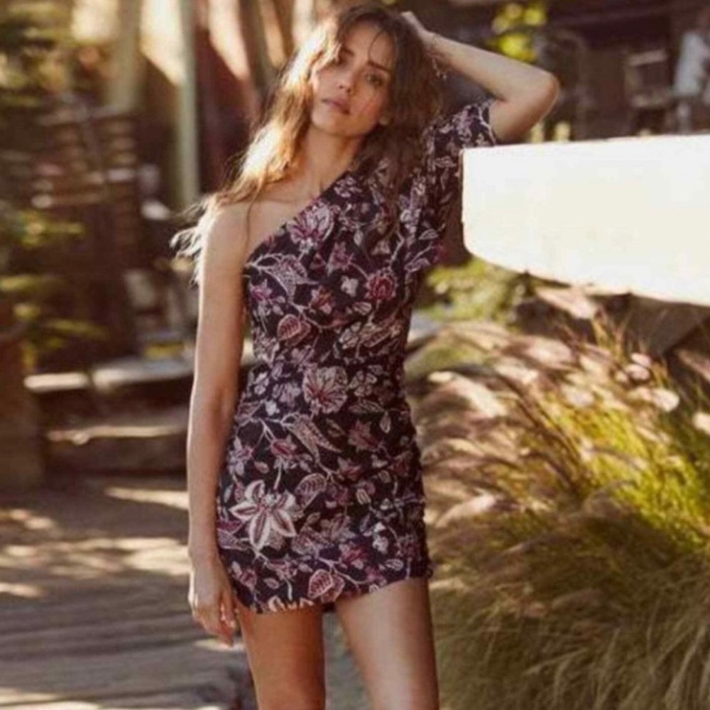 Isabel Marant Lilia One Shoulder Floral Print Mini Dress Asymmetrical Cotton